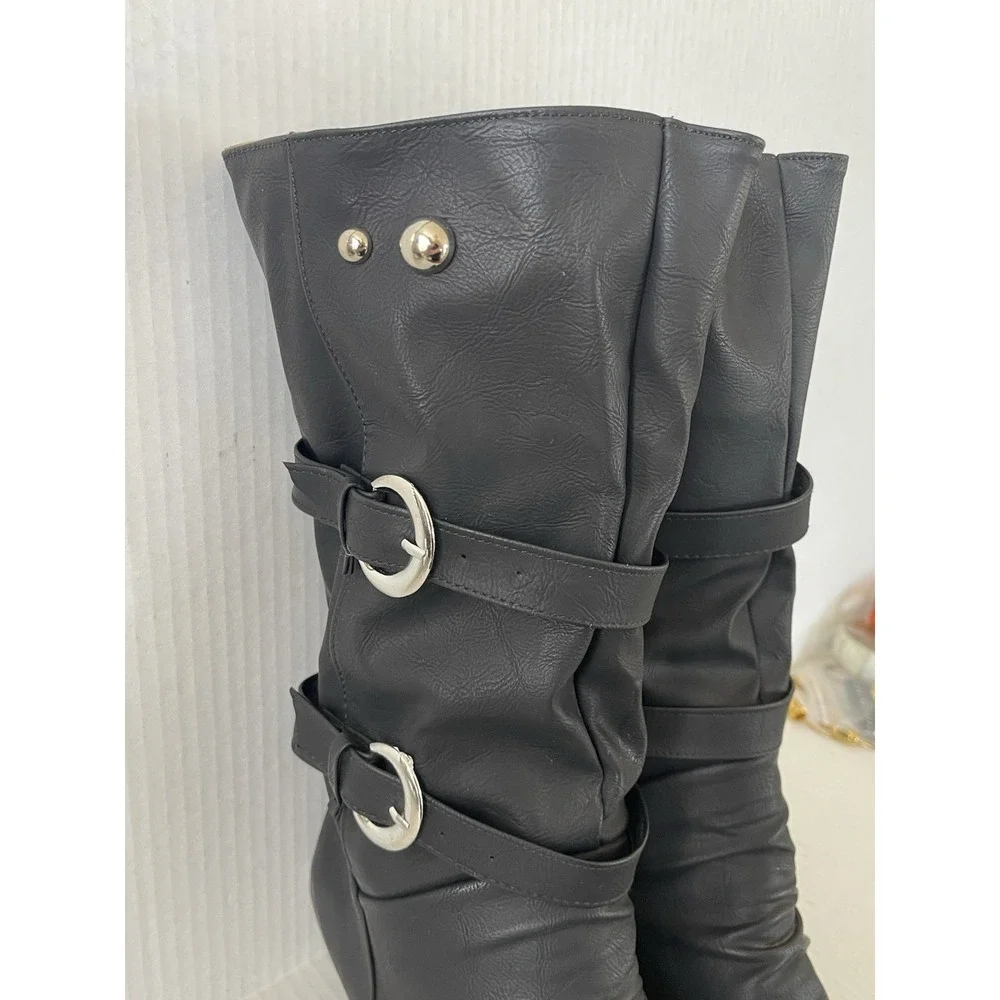 Stylish Black Slouch Mid Calf Double Buckle Boots EU 43 US 11 NWOB Kitten Heel
